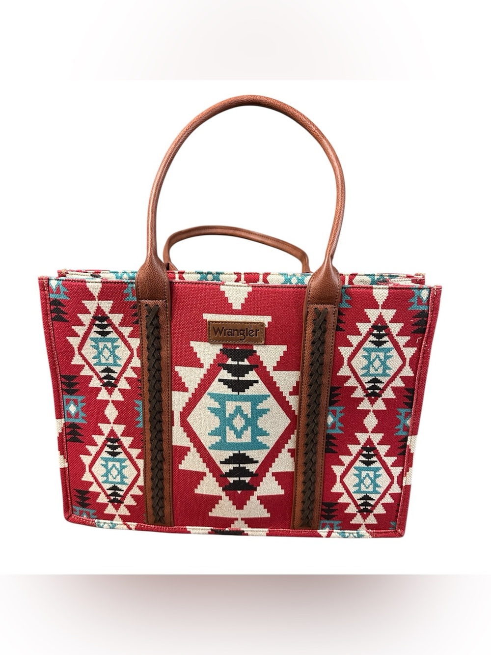 Wrangler Red Aztec Western Tote Bag Canvas Faux Leather Large Zip Top Purse